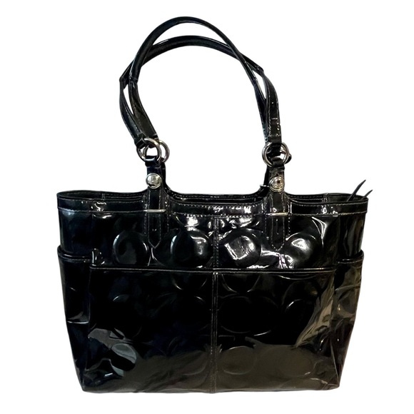 Coach Signature Embossed Black Patent Leather Tote Shoulder Bag Satchel F16564 - Picture 6 of 12